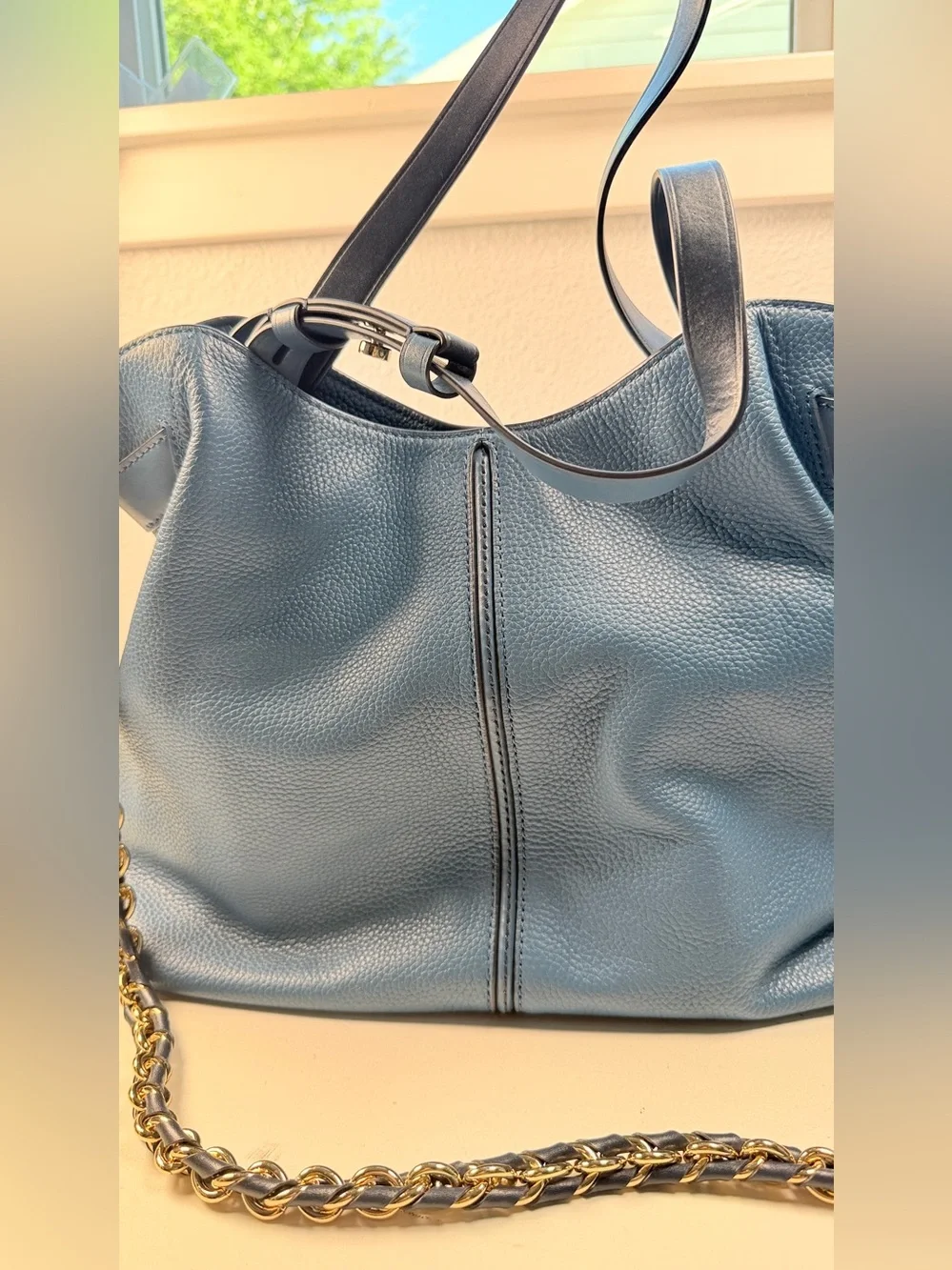 Michael Kors Blue Pebbled Leather Large Tote Shoulder Bag Chain Strap purse